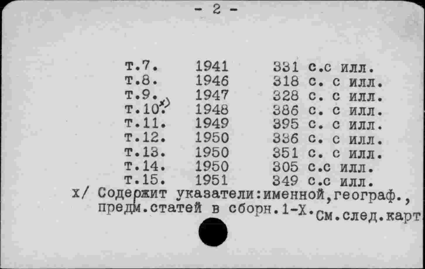 ﻿2 -
Т.7.	1941	331 с.с ИЛЛ.
т.8.	1946	318 с. с илл
т.9. .	1947	328 с. с илл
Т.10Г	1948	386 с. с илл
т.н.	1949	395 с. с илл
т.12.	1950	336 с. с илл
т.13.	1950	351 с. с илл
Т.14.	1950	305 с.с илл.
т.15.	1951	349 с.с илл.
х/ Содержит ука предм.статей
указатели:именной,географ.,
І в сборн.1-Х.См-след-карт